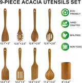 9 Pack Wooden Spoons Non Toxic Cooking Utensil Set with Utensils Holder